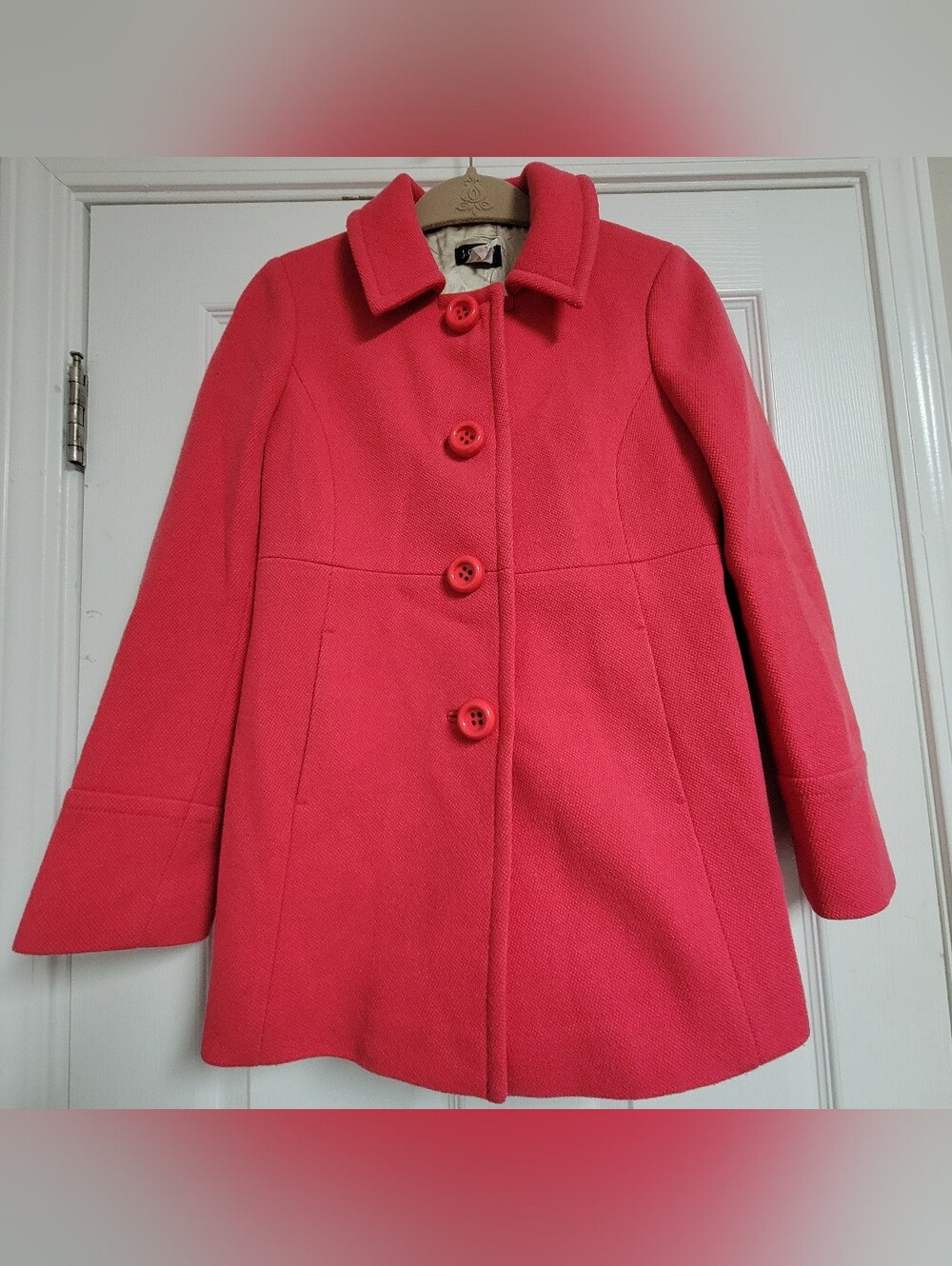 J.crew Women's Hot Pink Wool Coat With Large Buttons Pleated Back Size 4P.